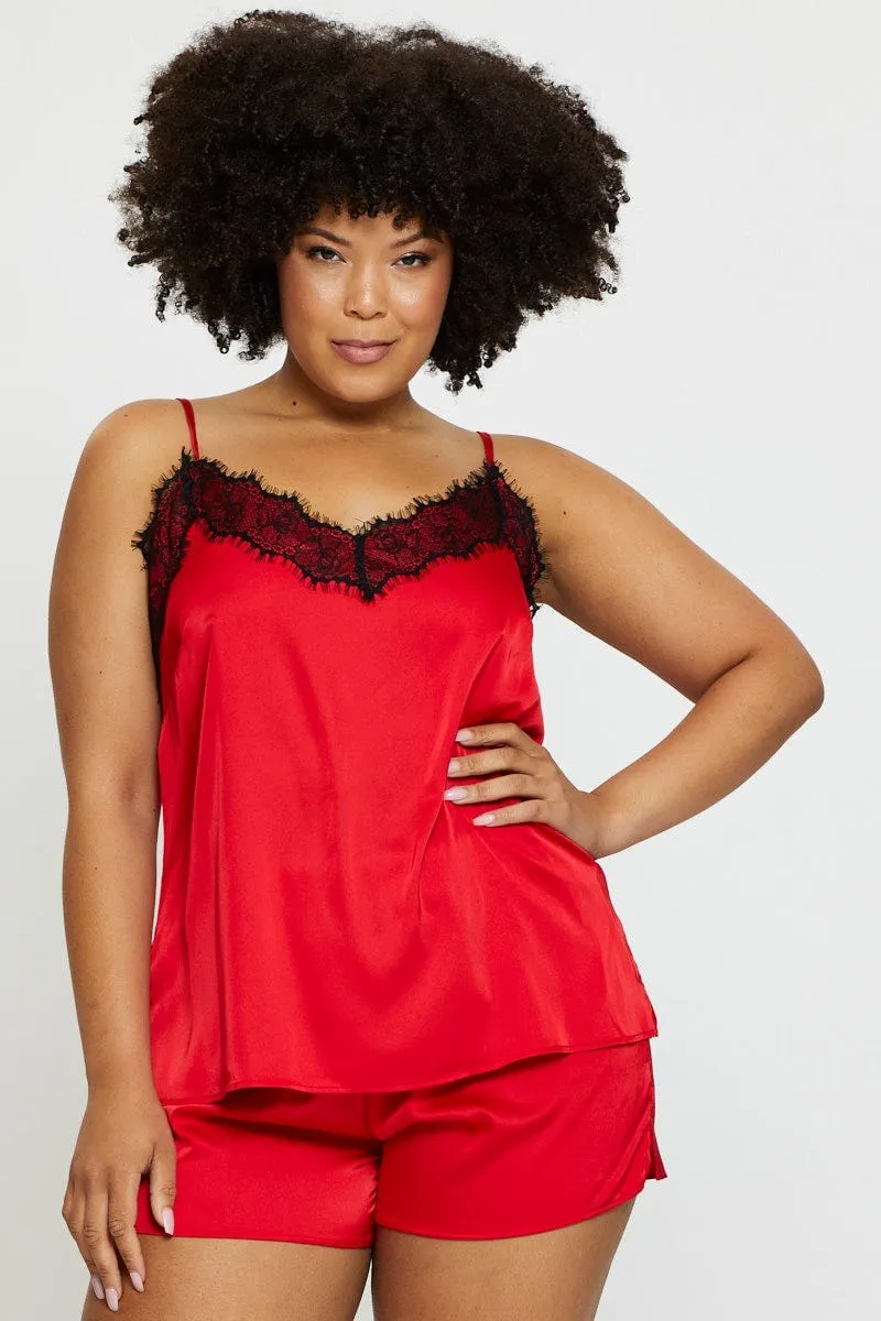 Red Satin Cami Pj Eyelash Trim Pyjama Set Comfort Design Teacher Chic