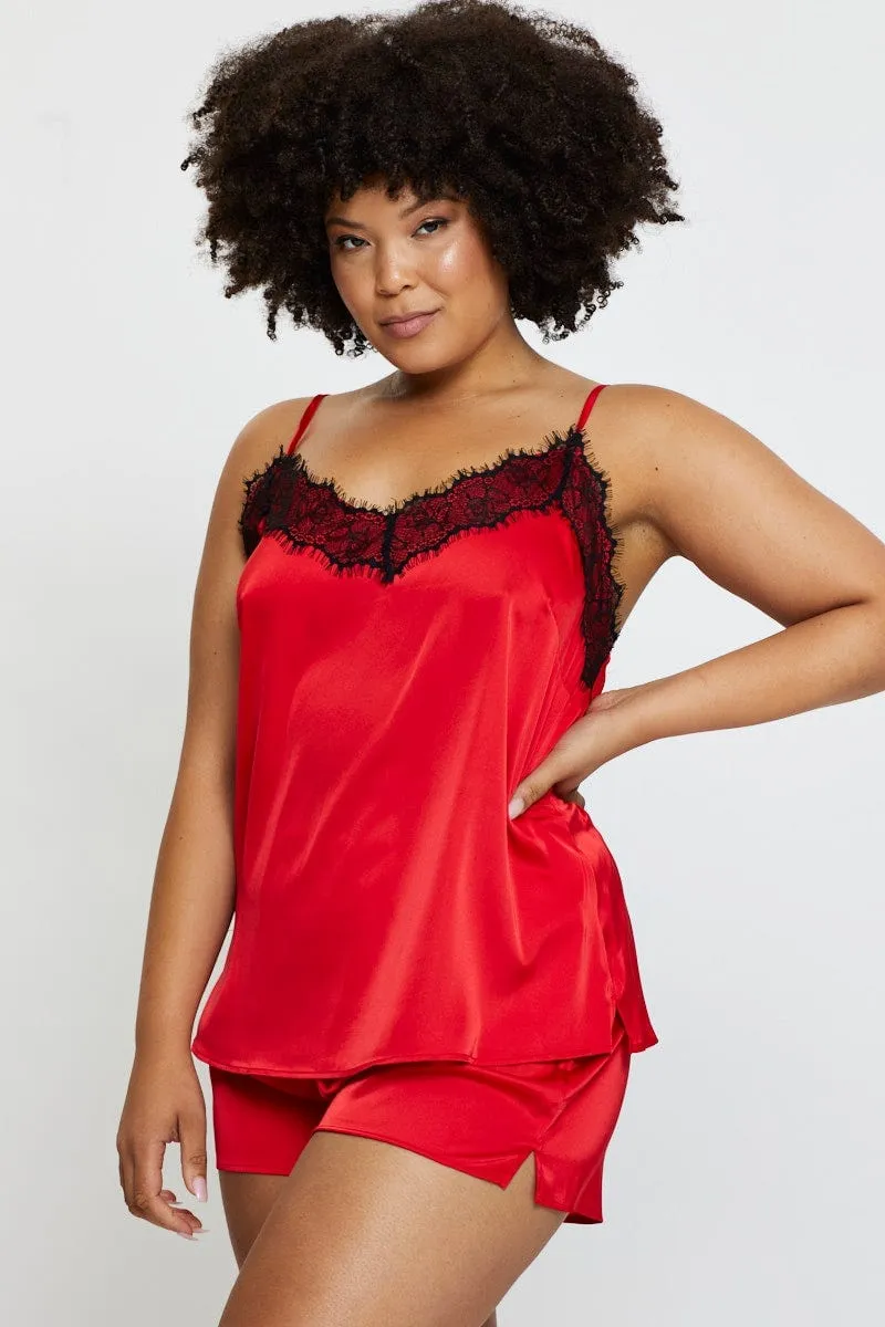 Summer Air Cozy Robe Red Satin Cami Pj Eyelash Trim Pyjama Set