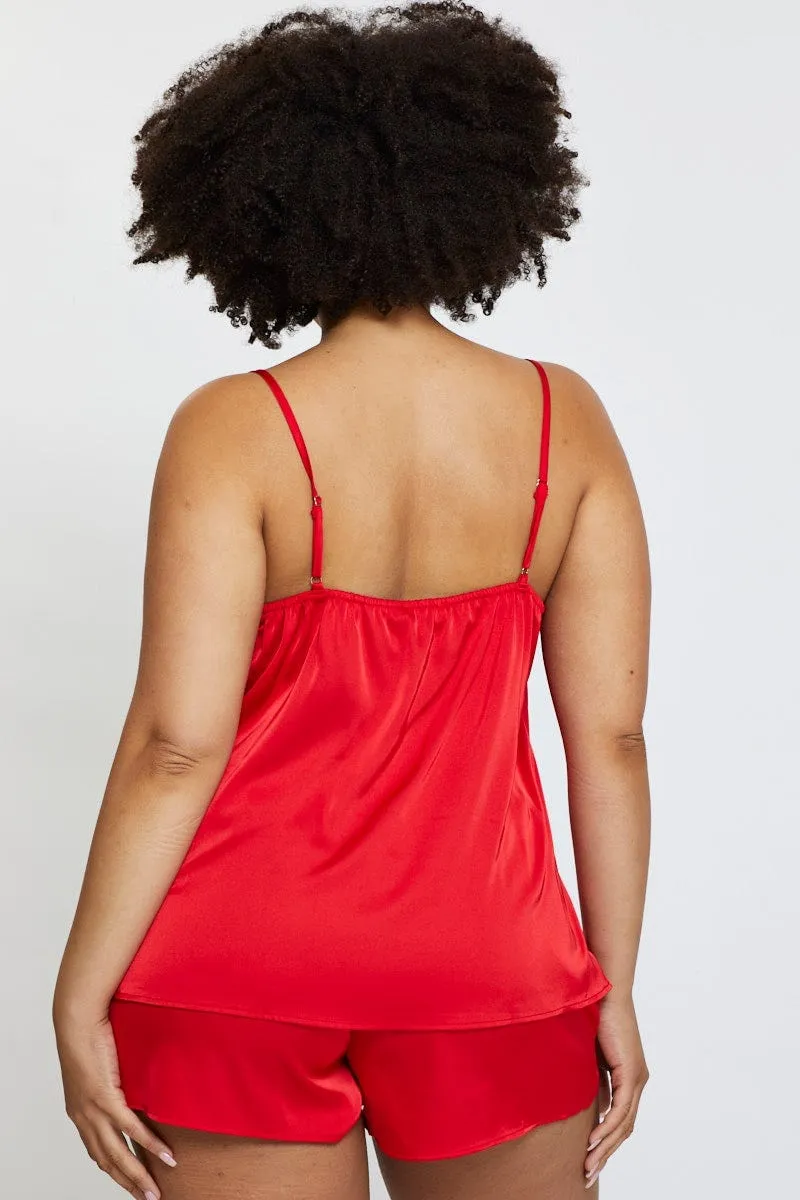 Red Satin Cami Pj Eyelash Trim Pyjama Set Boho Light Legend Fit