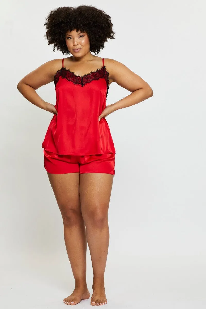 Weather Protection Red Satin Cami Pj Eyelash Trim Pyjama Set