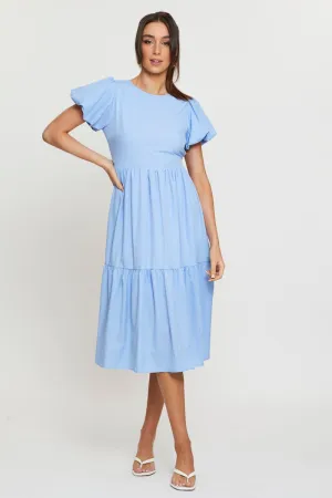 Blue Midi Dress Short Sleeve Round Neck Ruby Pop