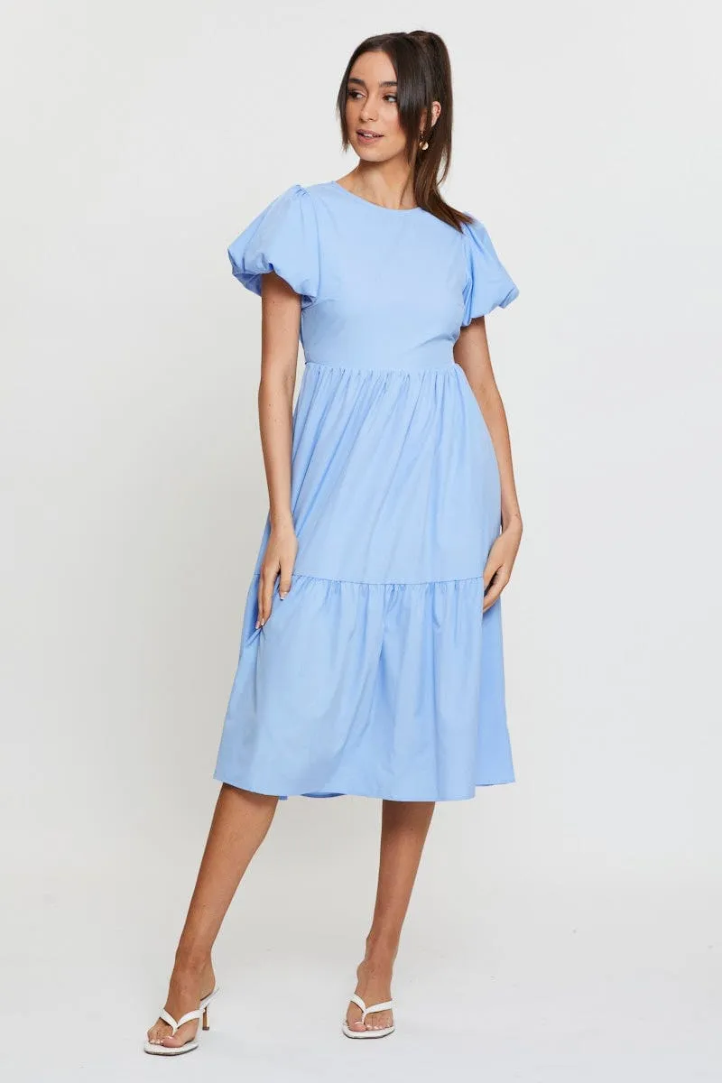 Silent Sea Tile Glow Blue Midi Dress Short Sleeve Round Neck