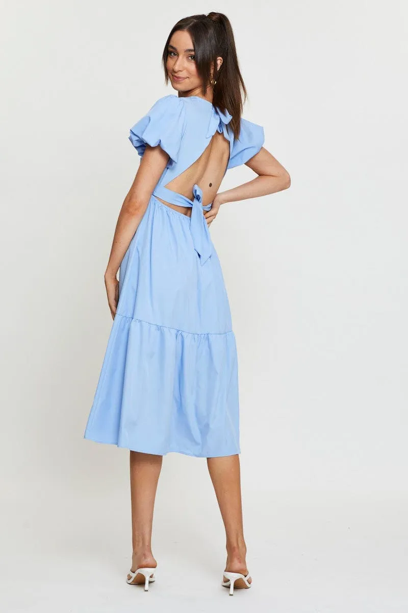 Blue Midi Dress Short Sleeve Round Neck Ruby Shine Blue Hour