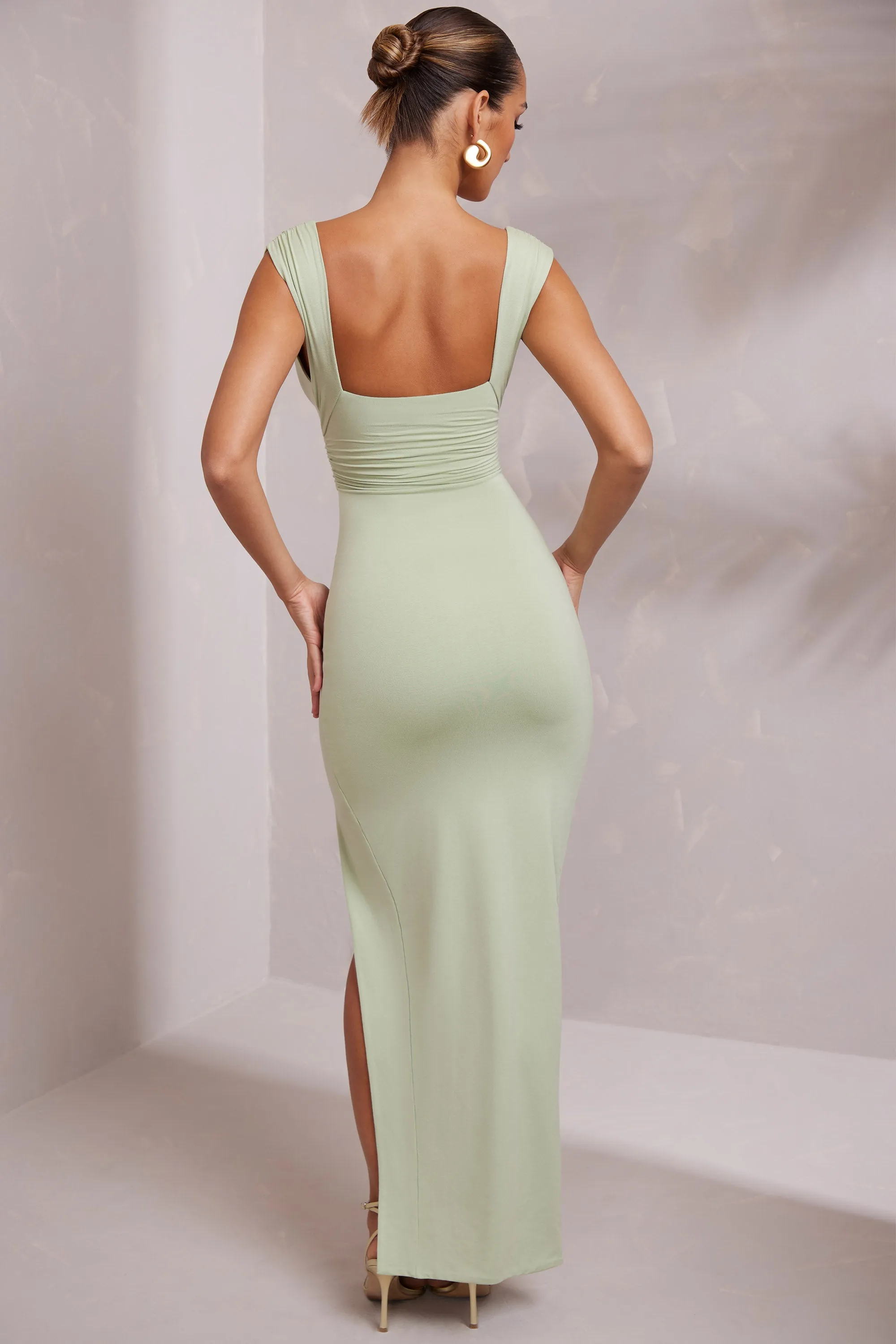 High Split Plunge Neck Maxi Dress in Sage Coral Shine
