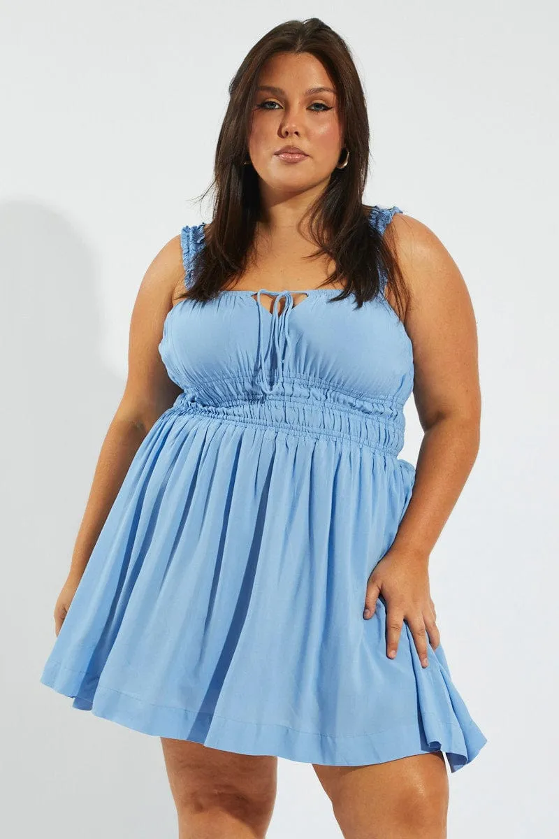 Sheer Glam Blue Tie Front Frill Strap Mini Dress