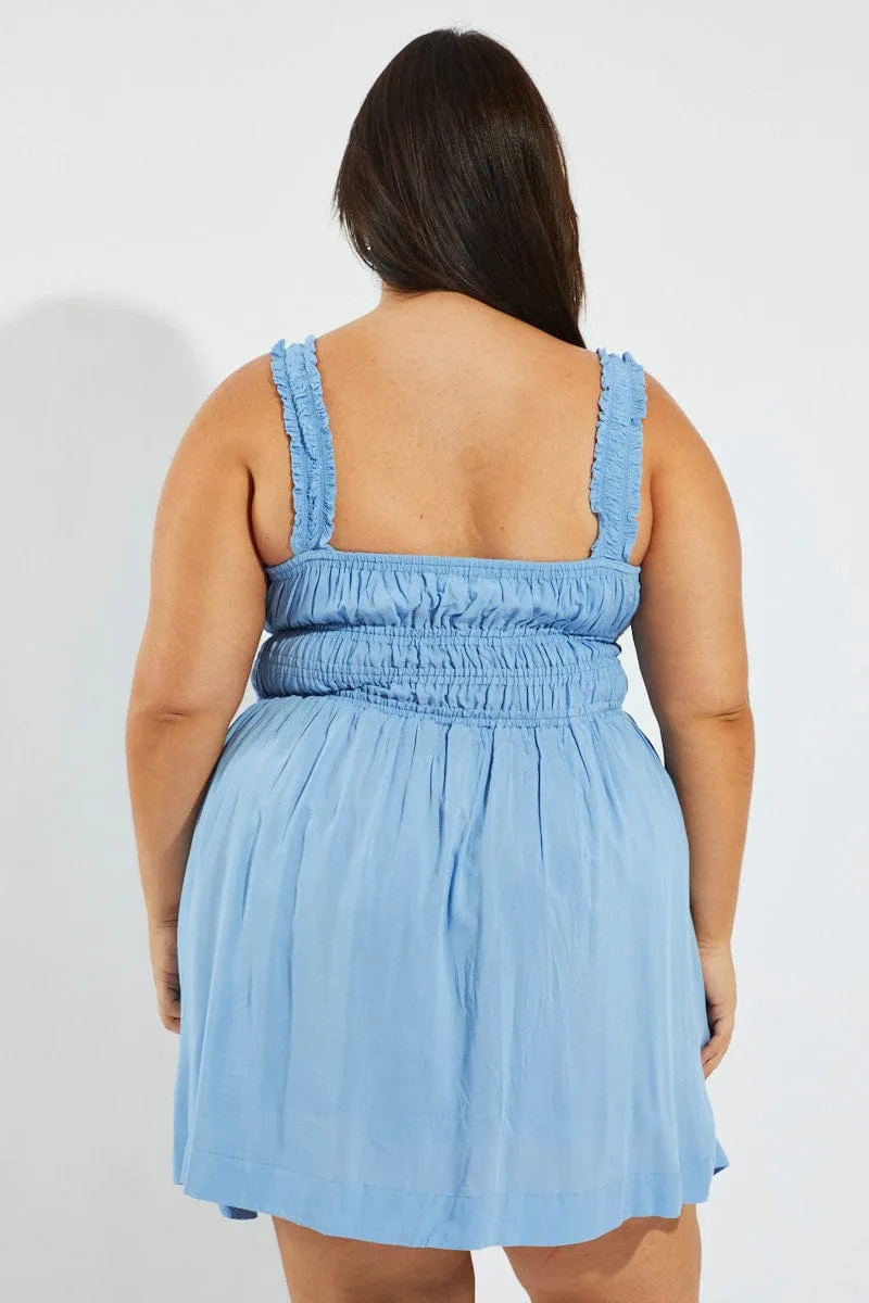 Blue Tie Front Frill Strap Mini Dress Fun Edge Trendy Charm