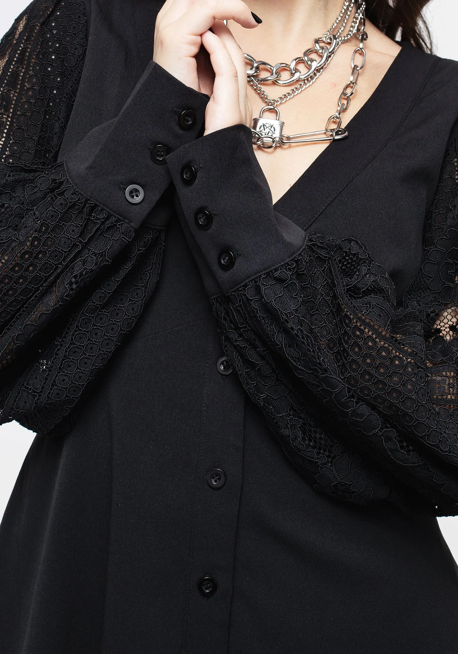 Fashionable above-the-knee gown Covenant Lace Sleeve Button Up Mini Dress