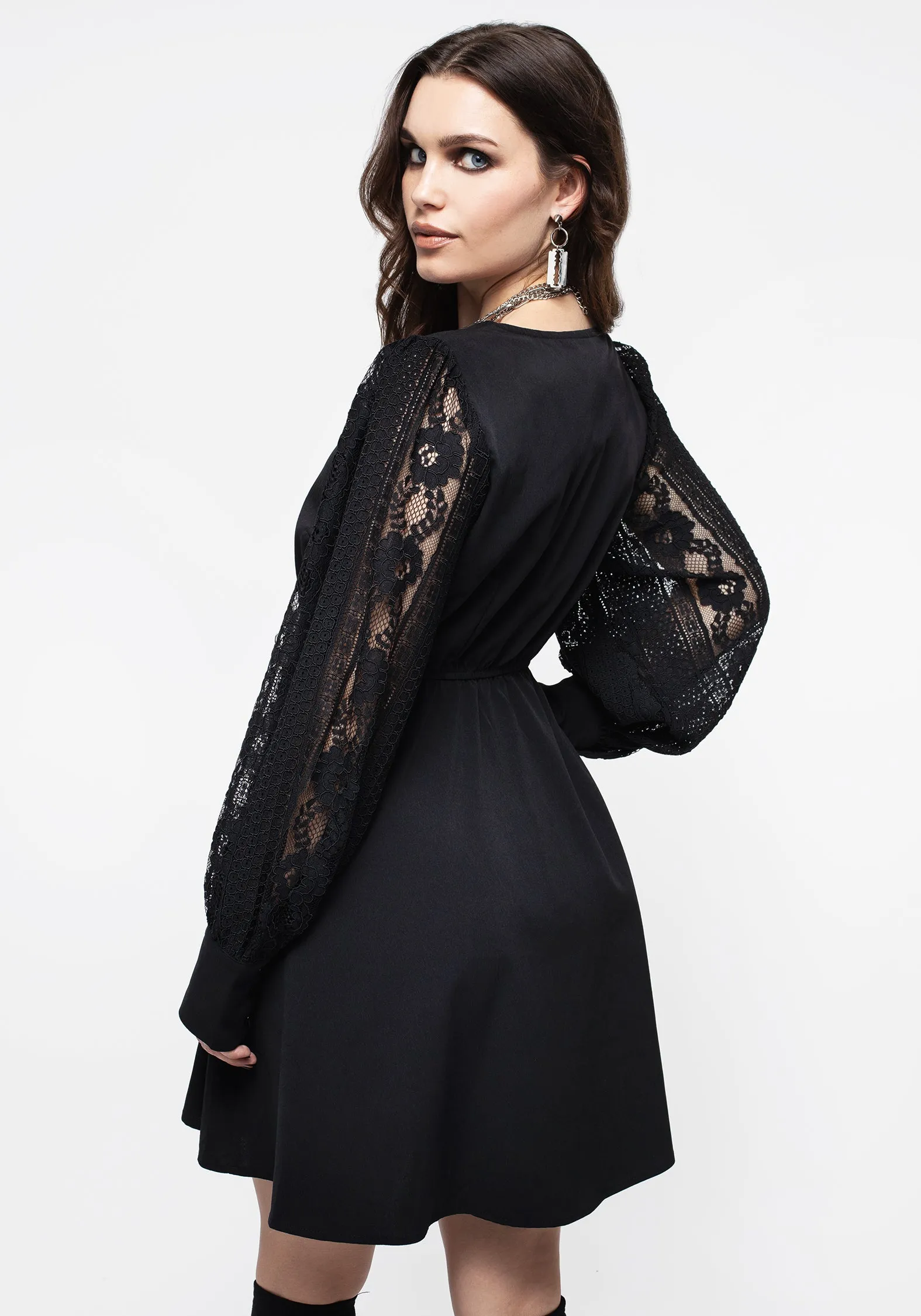 Stylish simple short dress Covenant Lace Sleeve Button Up Mini Dress