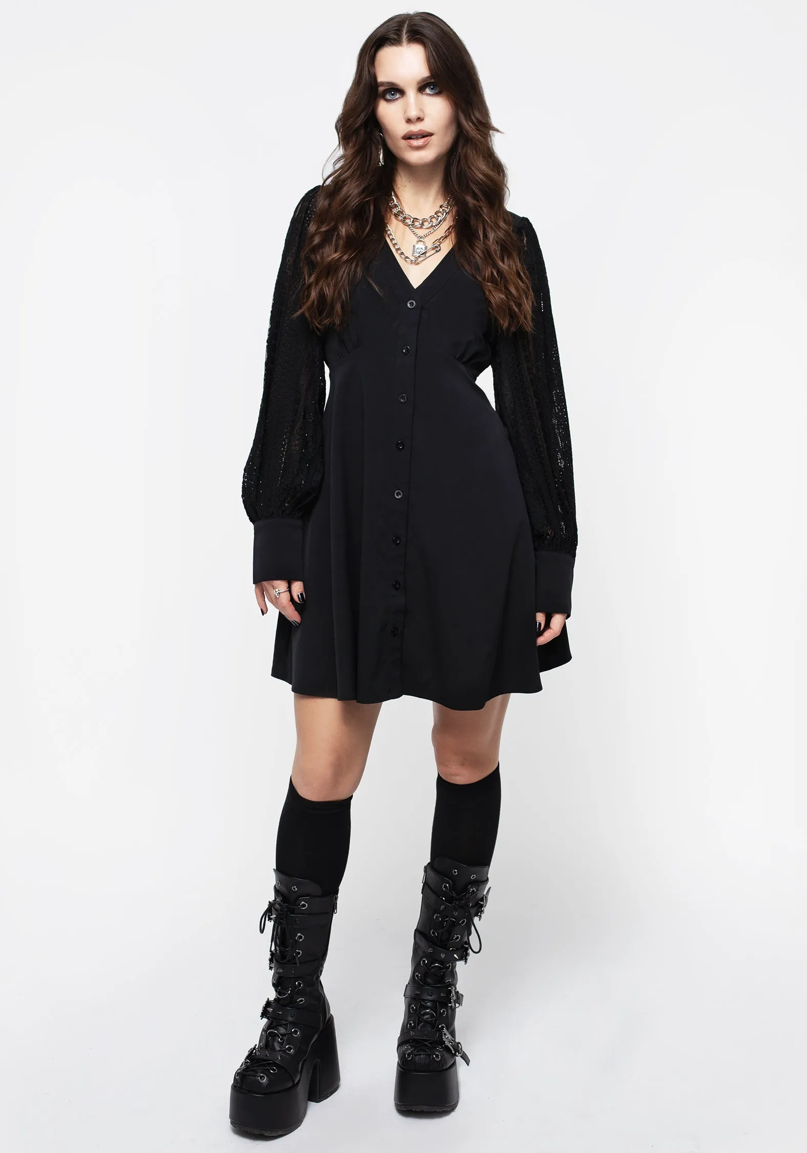 Scene Beat Covenant Lace Sleeve Button Up Mini Dress