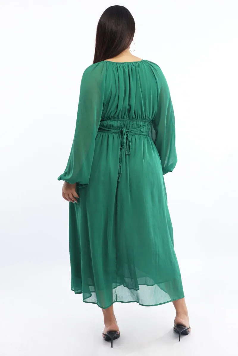 Elegant knee-length dress Green Midi Dress Long Sleeve Chiffon