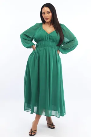 Cozy midi dress Green Midi Dress Long Sleeve Chiffon