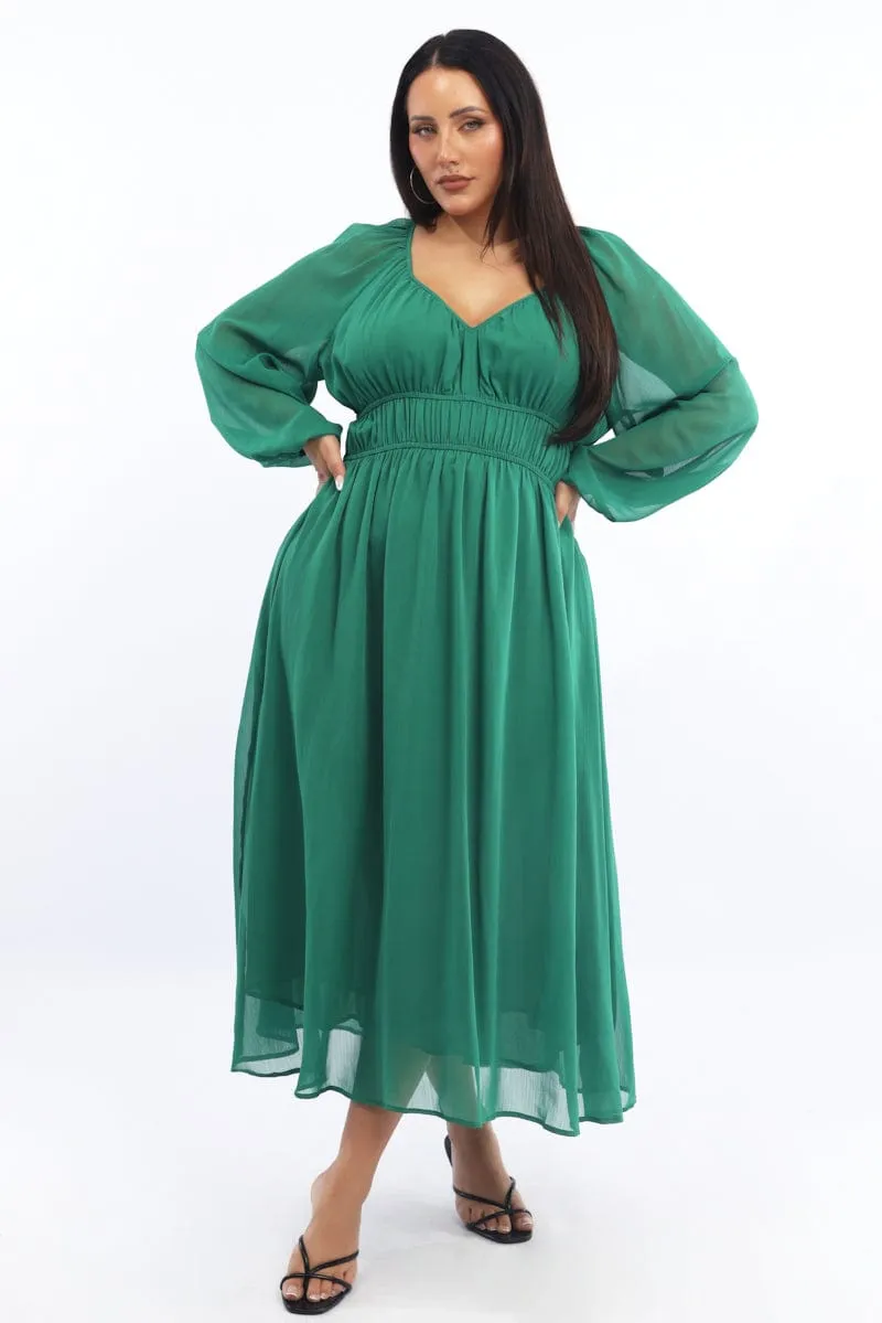 Cozy midi dress Green Midi Dress Long Sleeve Chiffon