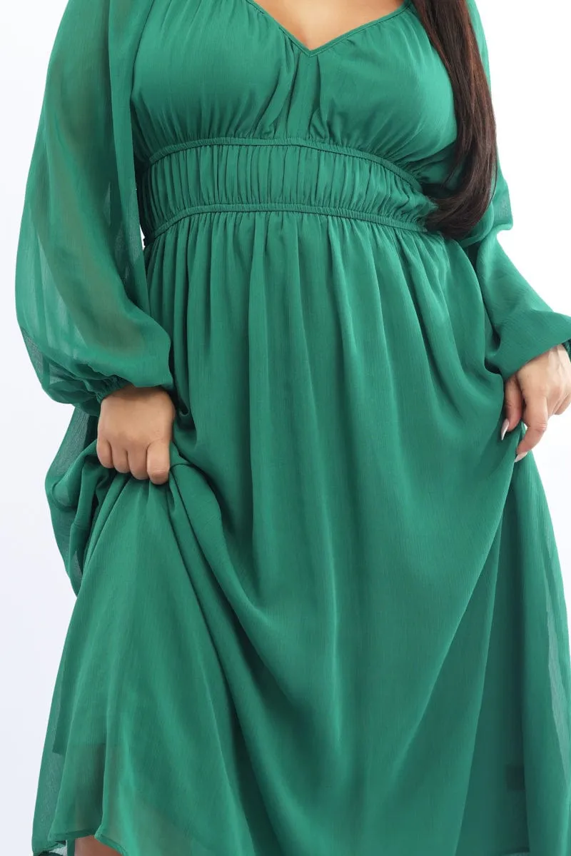 Green Midi Dress Long Sleeve Chiffon Road Trip Modern Comfort