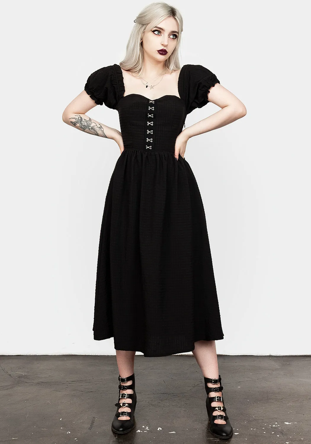 Mortem Midi Dress With Puff Sleeves Comfortable Layers Moon Beam