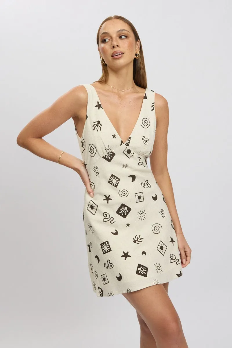 Stylish Wear Beige Abstract A Line Mini Dress Sleeveless