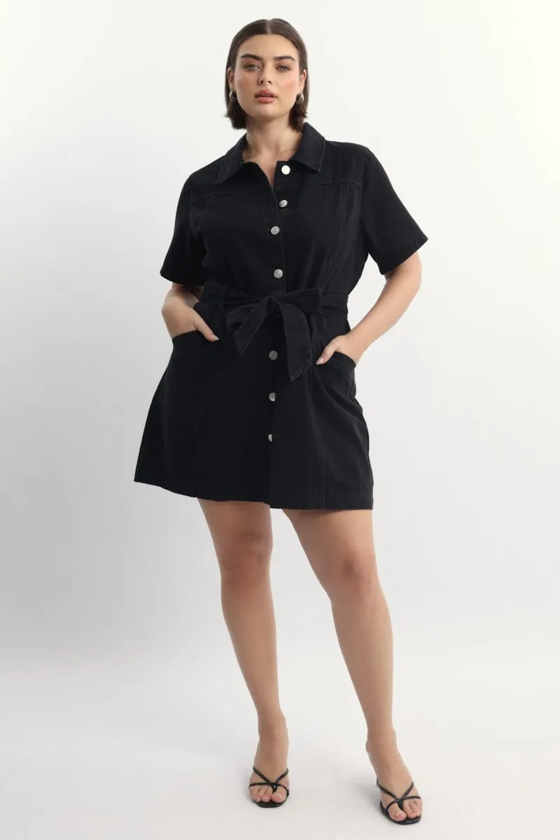 Casual Comfort Look Style Beat Black Denim Mini Dress Button Front Short Sleeve