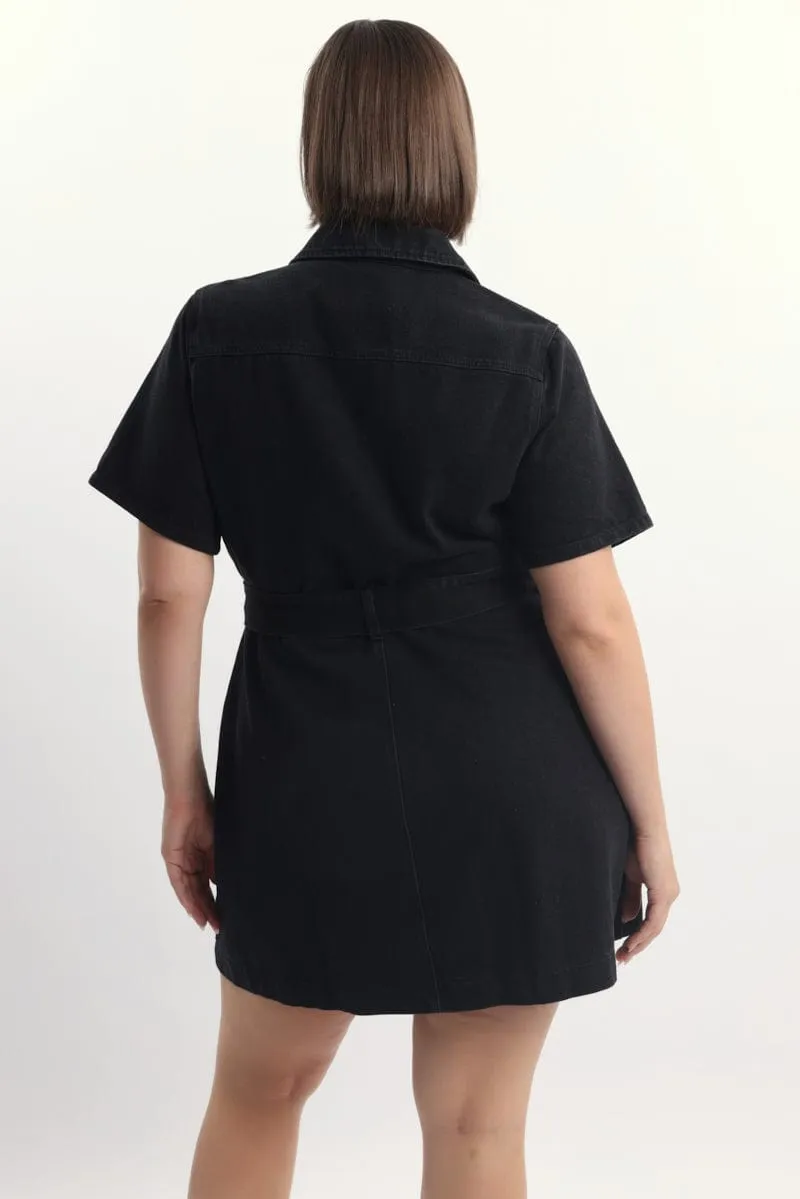 Magnetic Button Closure Figure Pop Black Denim Mini Dress Button Front Short Sleeve