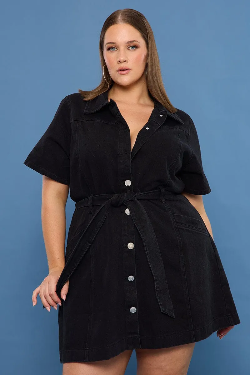 Convertible Neckline Black Denim Mini Dress Button Front Short Sleeve