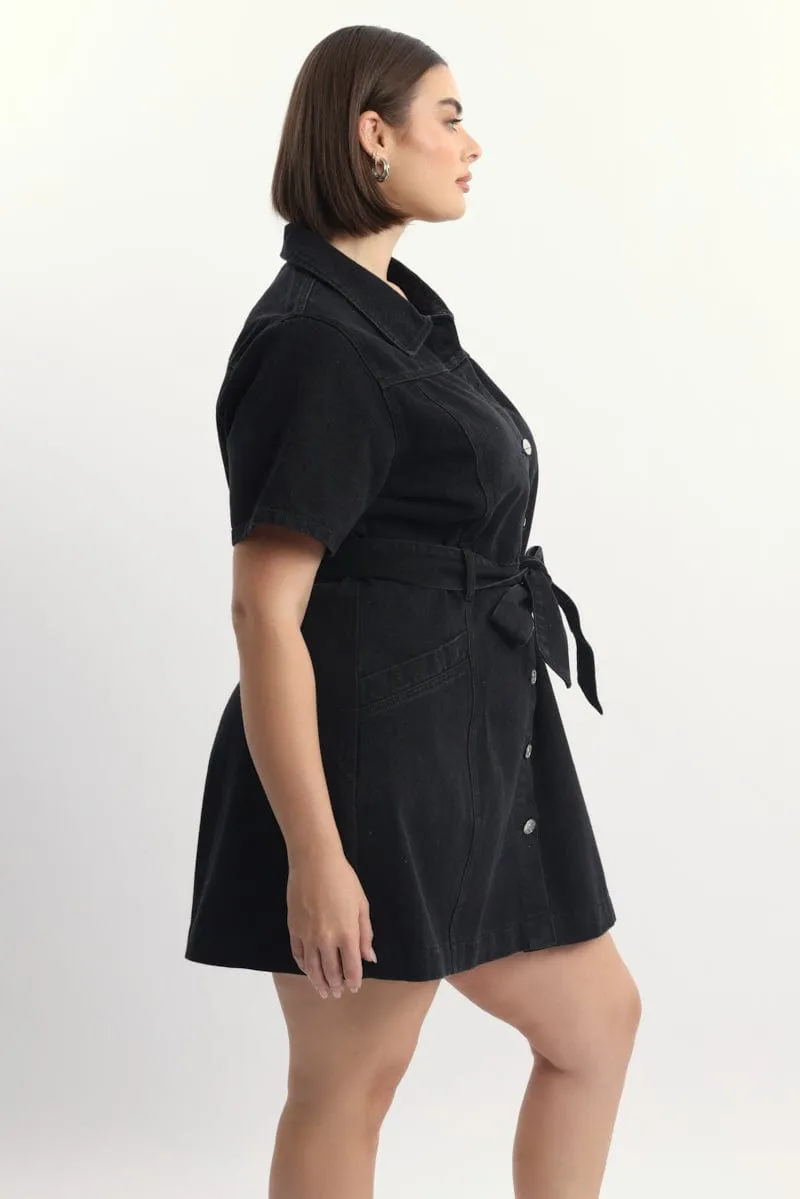 Street Pop Black Denim Mini Dress Button Front Short Sleeve