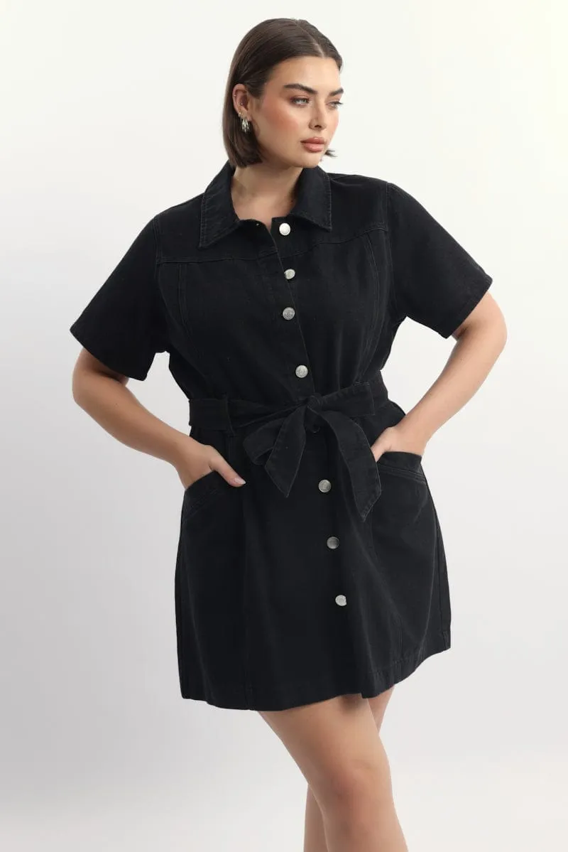Simple Style Look Black Denim Mini Dress Button Front Short Sleeve