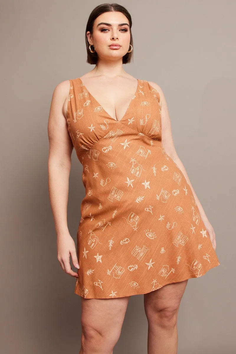 Comfortable party wear Brown Abstract V-neck Sleeveless Mini Dress