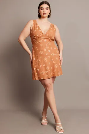 Comfortable fit mini Brown Abstract V-neck Sleeveless Mini Dress