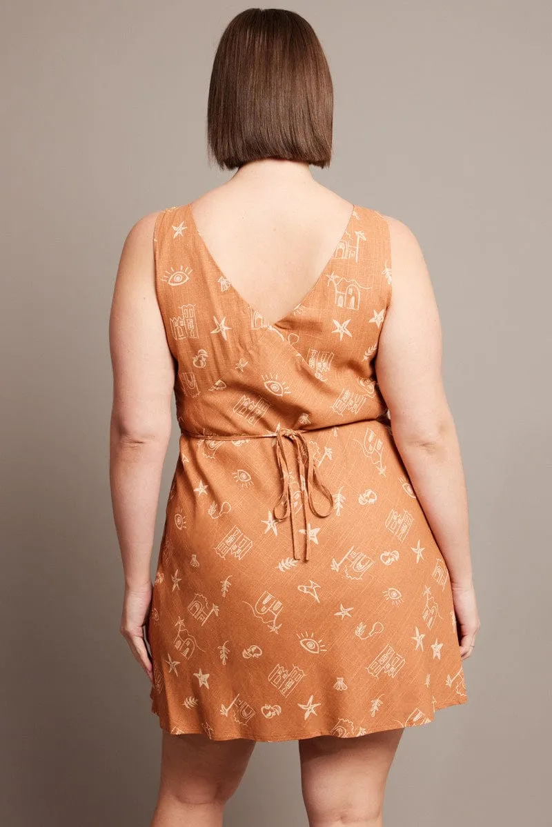 Simple chic mini Scene Soft Brown Abstract V-neck Sleeveless Mini Dress