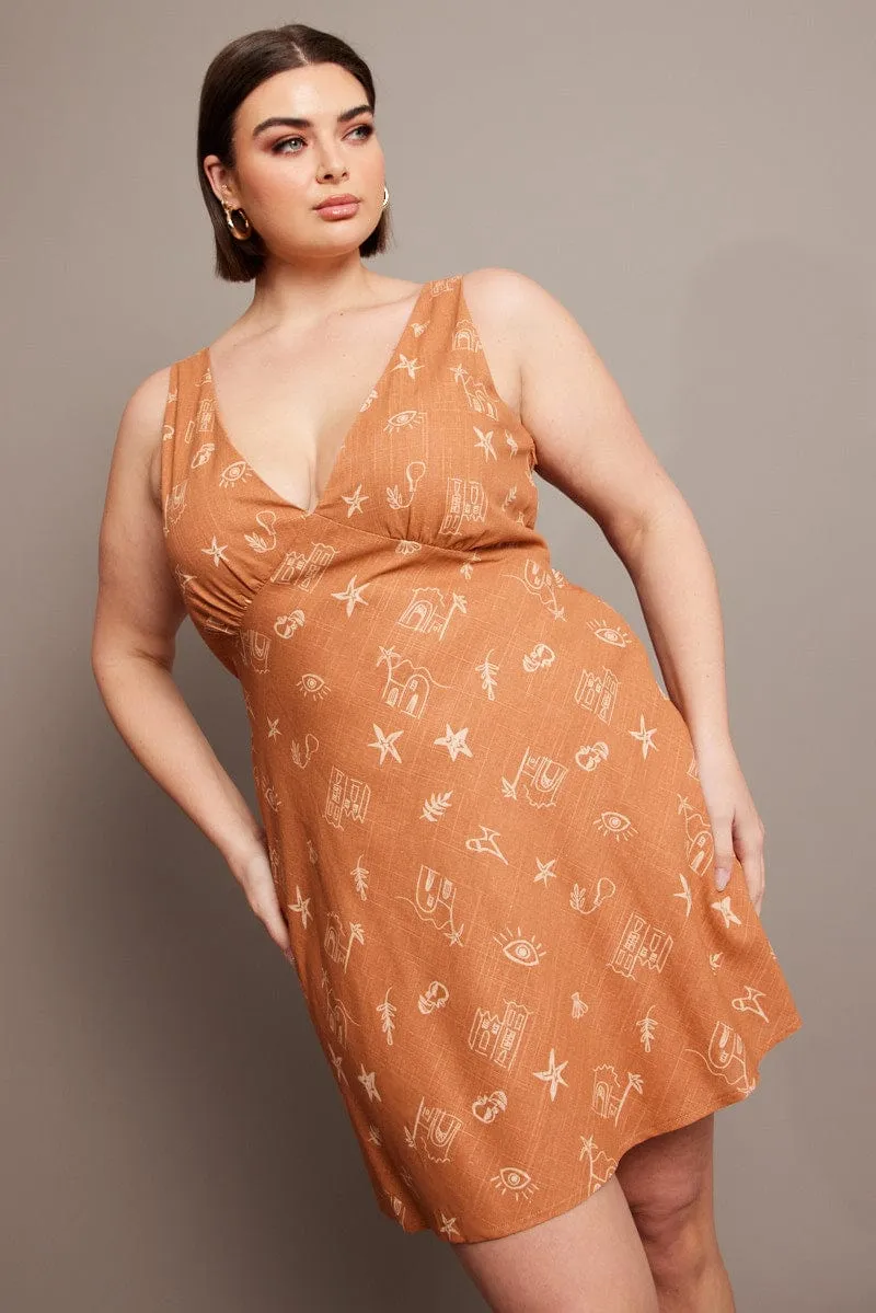 Brown Abstract V-neck Sleeveless Mini Dress Bold Look Heat Scene