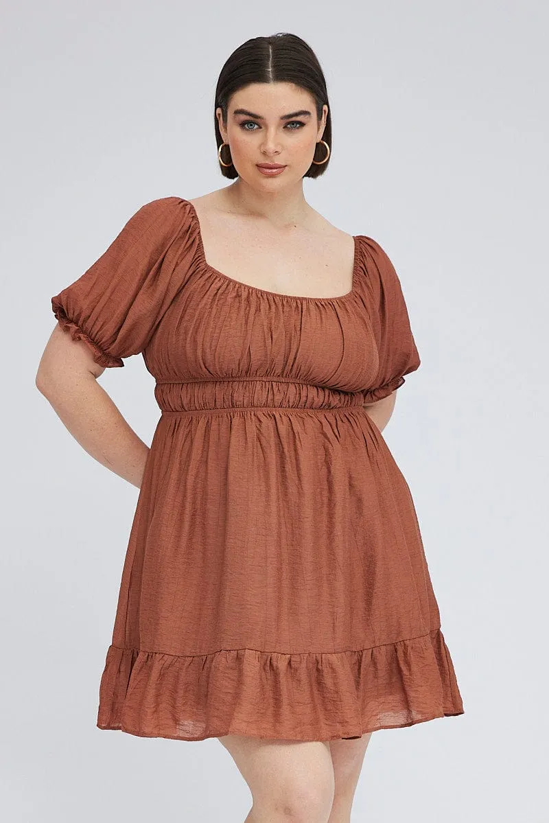 Fashion-forward short dress Star Beat Brown Mini Dress Gather Waist Frill Hem