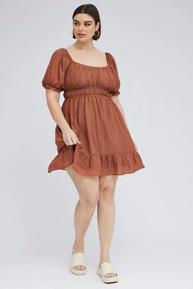 Brown Mini Dress Gather Waist Frill Hem Cozy Fashion Elegant mini with floral prints