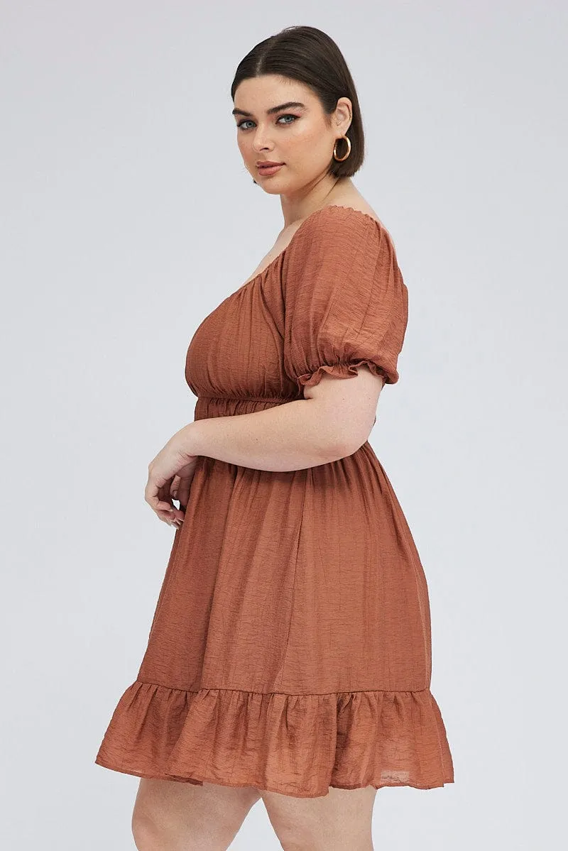Brown Mini Dress Gather Waist Frill Hem Beat Edge