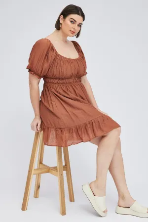 Adjustable drawstring Brown Mini Dress Gather Waist Frill Hem