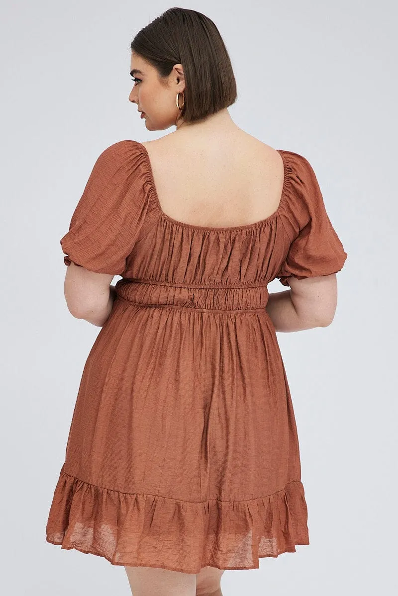 Chic dress for outings Brown Mini Dress Gather Waist Frill Hem