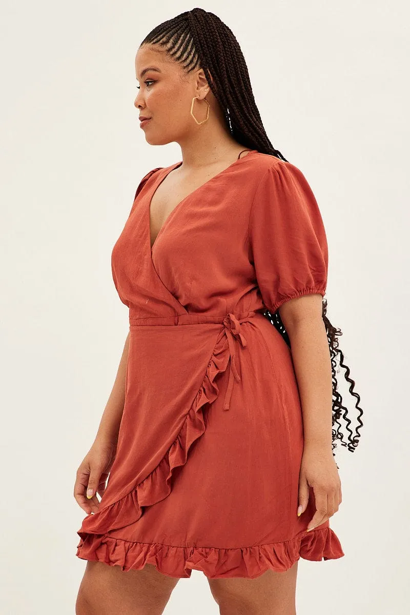 Flatlock Seams Brown Mini Dress Short Puff Sleeve Faux Wrap