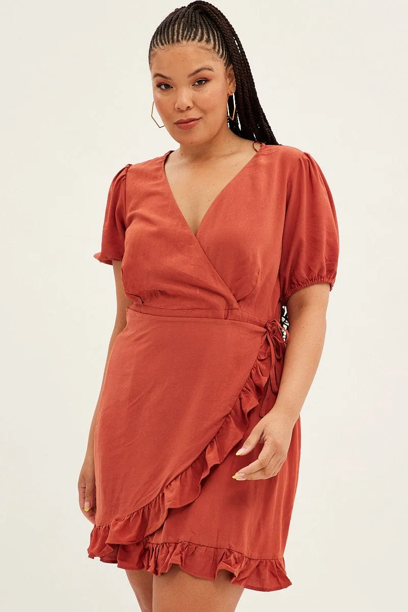 Convertible Straps Street Spice Brown Mini Dress Short Puff Sleeve Faux Wrap
