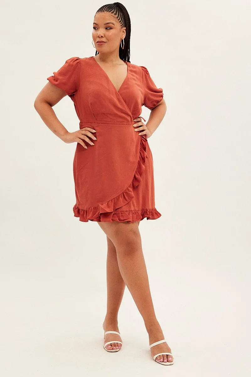 Comfy chic On The Go Look Brown Mini Dress Short Puff Sleeve Faux Wrap