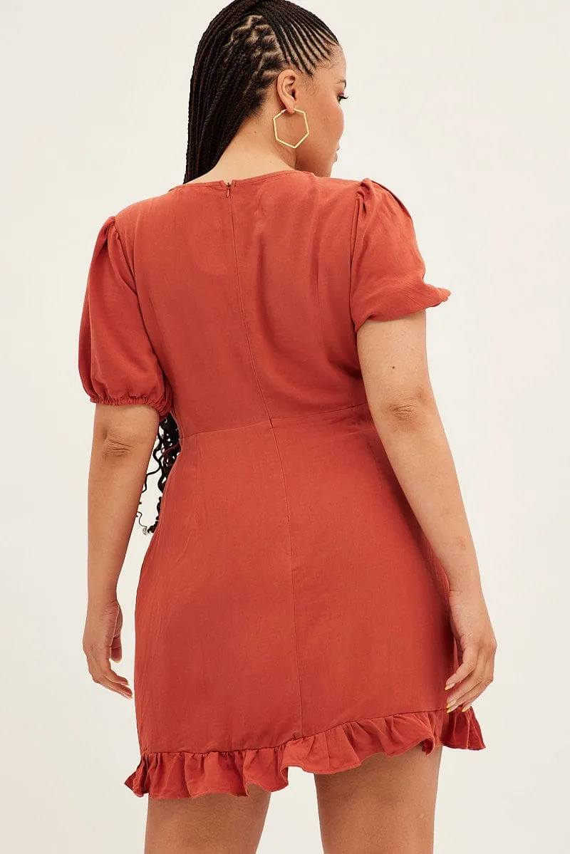 and Versatile evening mini dress. Easy-to-style mini gown Brown Mini Dress Short Puff Sleeve Faux Wrap