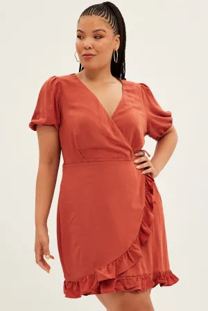 Brown Mini Dress Short Puff Sleeve Faux Wrap Bold Fashion Full Coverage Back