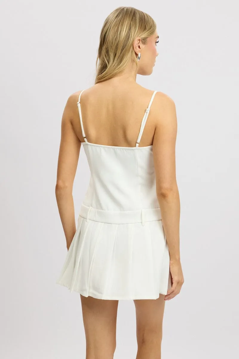 Soft fabric mini White Mini Dress Drop Waist Pleated