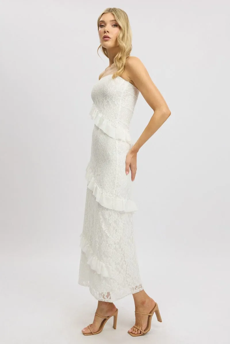 Soft Touch White Bodycon Dress Boob Tube Ruffle Midi Lace