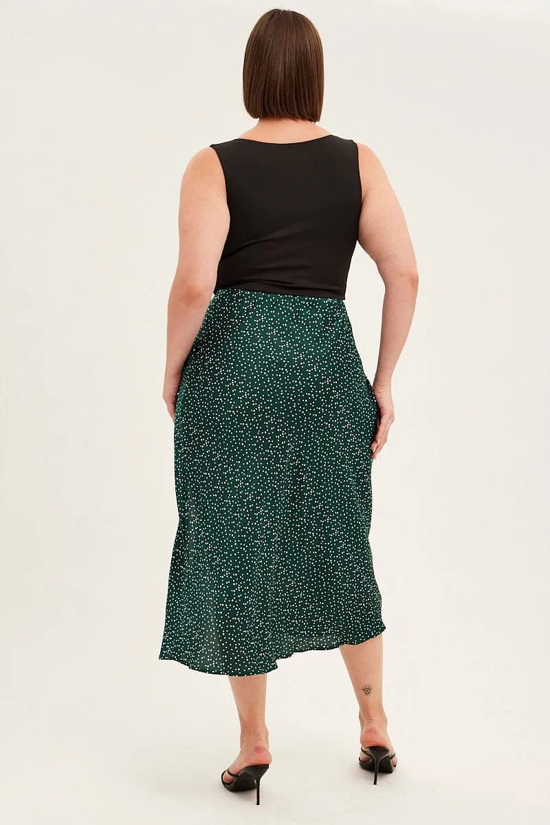 Opaque Lining Green Polka Dot Midi Skirt Split Slip Satin