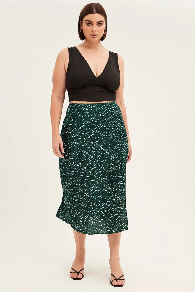 Green Polka Dot Midi Skirt Split Slip Satin Airy Feel