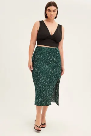 Simple looks Core Collection Green Polka Dot Midi Skirt Split Slip Satin