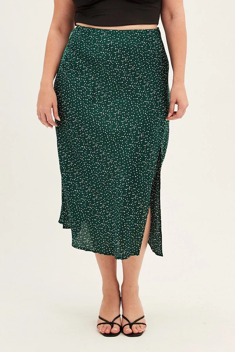 Green Polka Dot Midi Skirt Split Slip Satin City Tones Heritage Inspired
