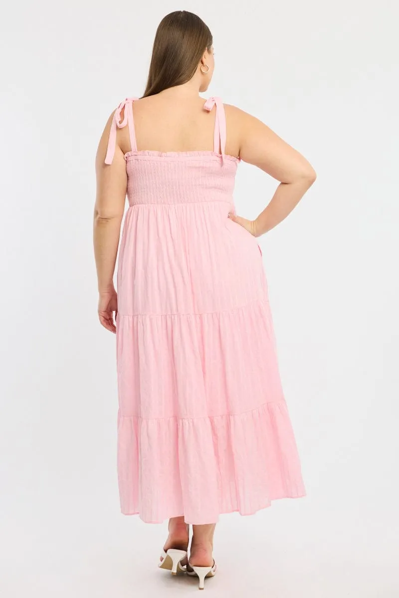 Pink Shirred Midi Dress Sleeveless Textured Daily Comfort