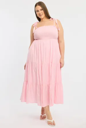 Pink Shirred Midi Dress Sleeveless Textured Chic Vibes