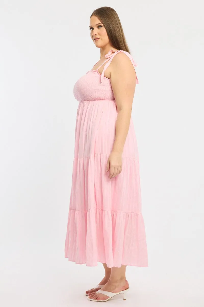 Romantic Soul Vintage Lover Pink Shirred Midi Dress Sleeveless Textured