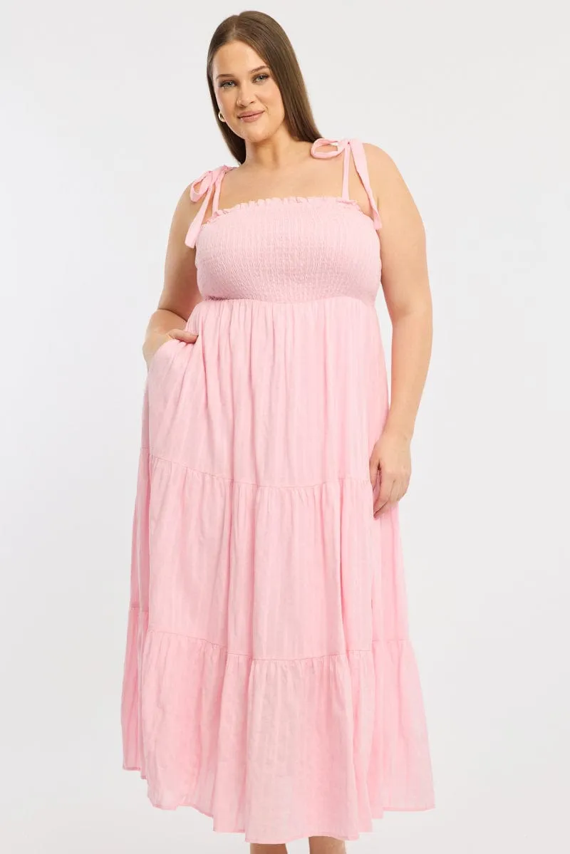 Style Versatile Pink Shirred Midi Dress Sleeveless Textured