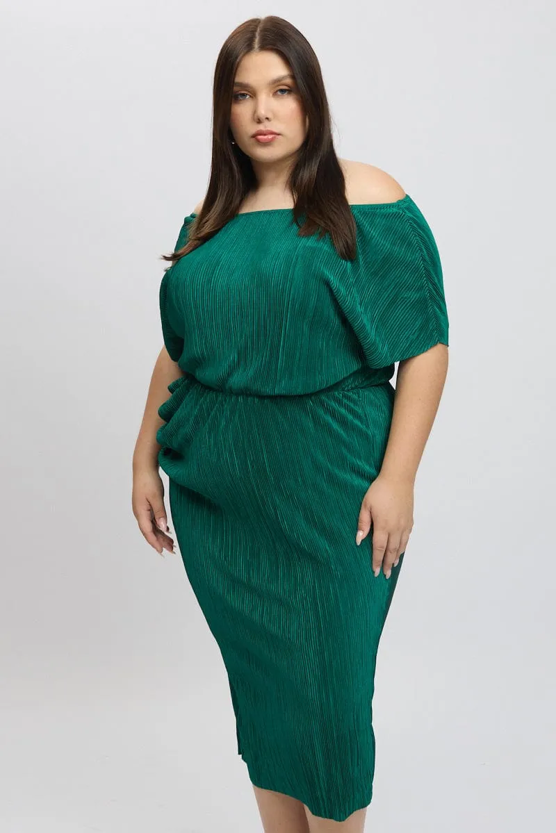Green Asymmetric Plisse Midi Dress Bold pattern mid-calf dress Coastal Granny