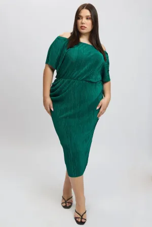 Green Asymmetric Plisse Midi Dress Wrinkle Resistant